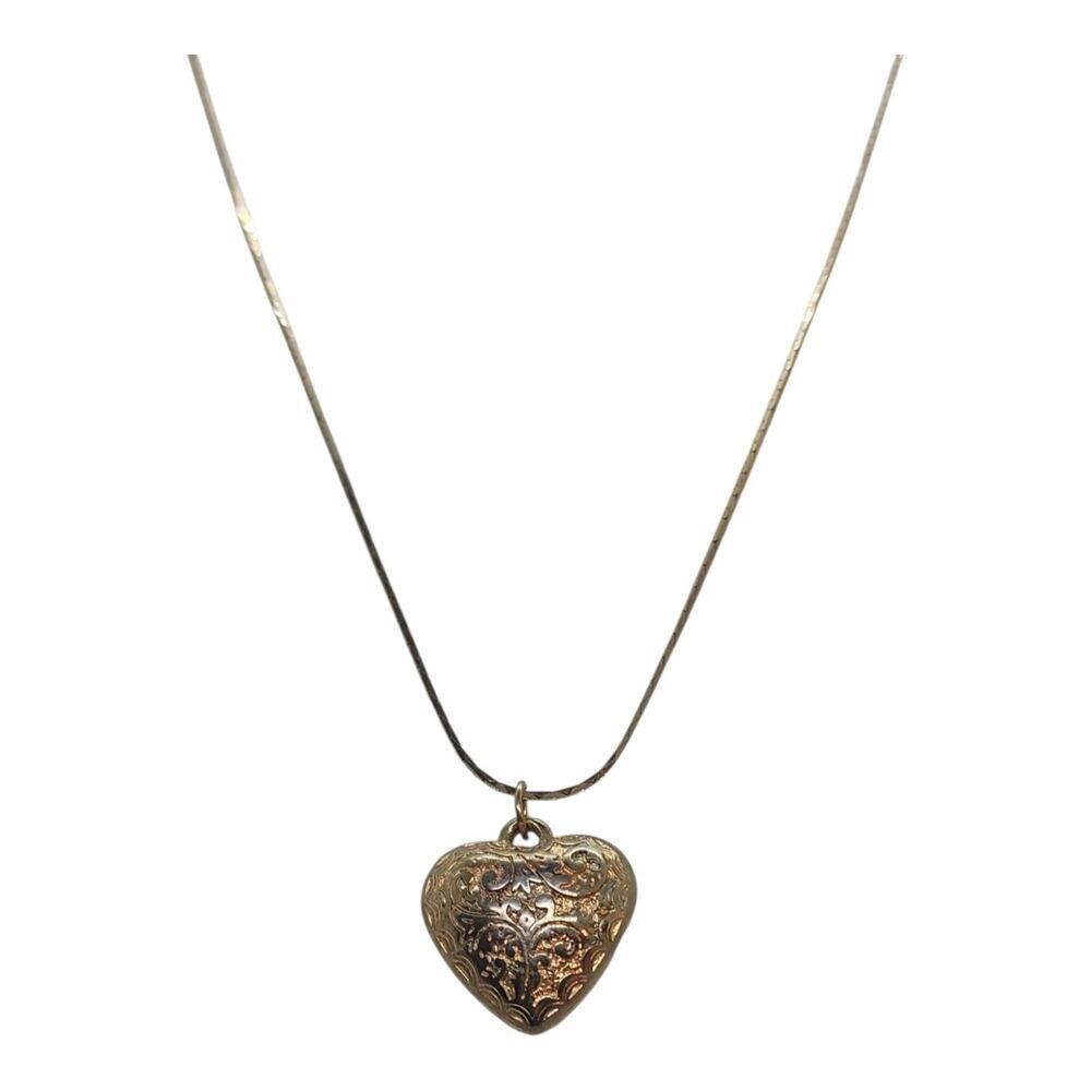 Vintage Puffy Heart Pendant Necklace Gold Tone Engraved Scroll Love Charm
